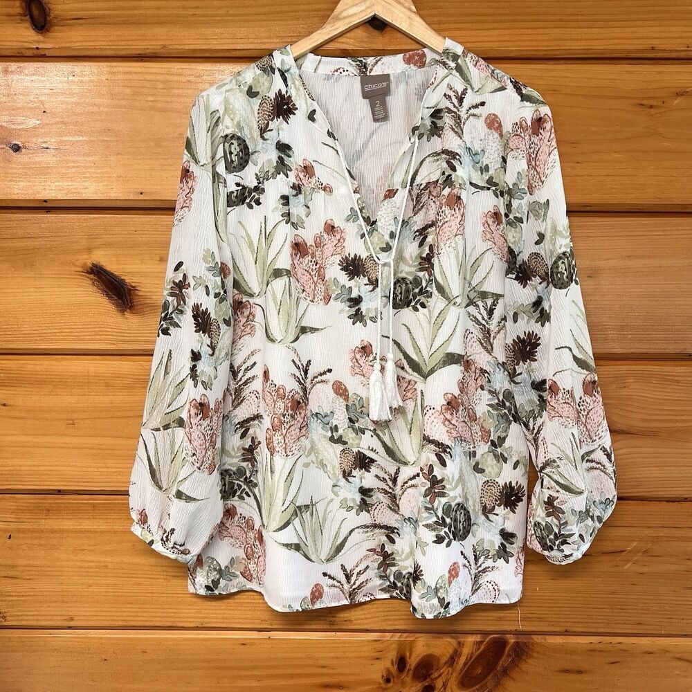 Chico's Top Women's 2 Ivory Floral Long Sleeve Tie L Lined Textured Peasant